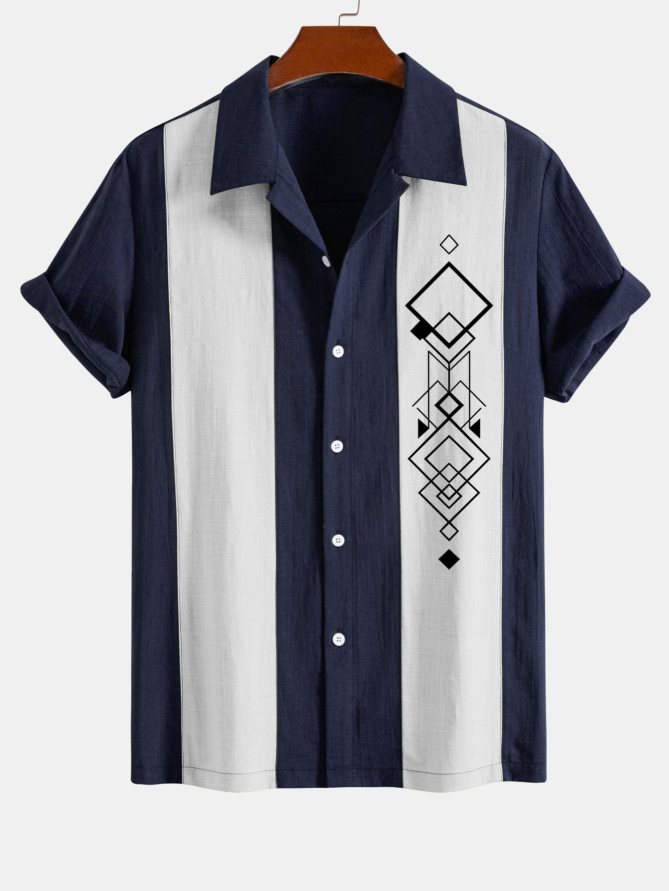 Atwell® | Chemise de bowling en patchwork d'aspect lin à imprimé losange géométrique