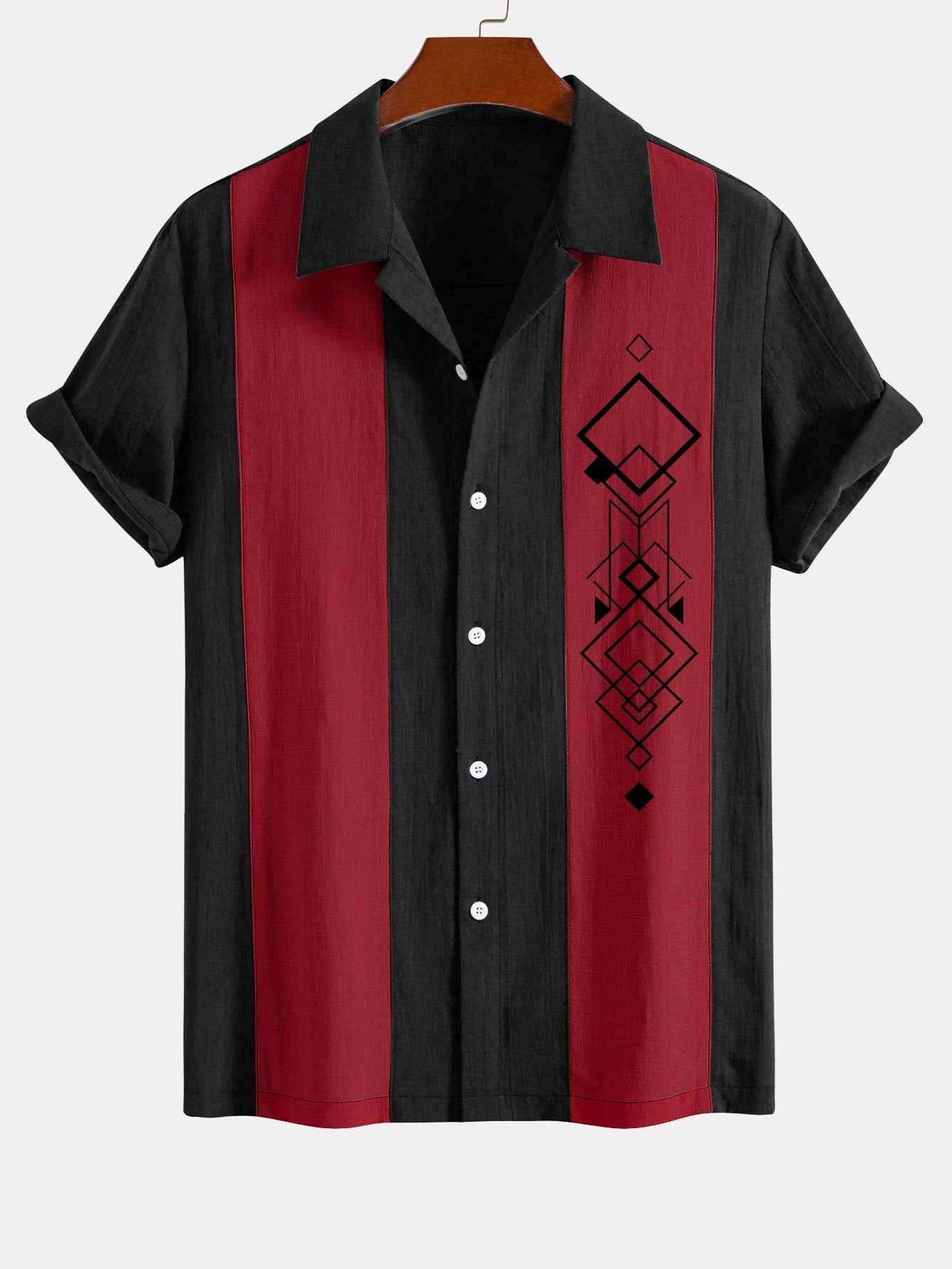 Atwell® | Chemise de bowling en patchwork d'aspect lin à imprimé losange géométrique