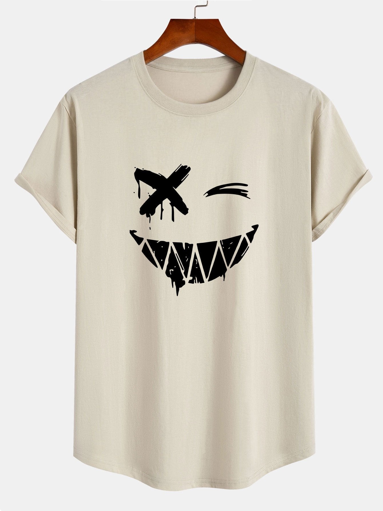 Aaron® | T-shirt en coton à ourlet arqué et imprimé smiley