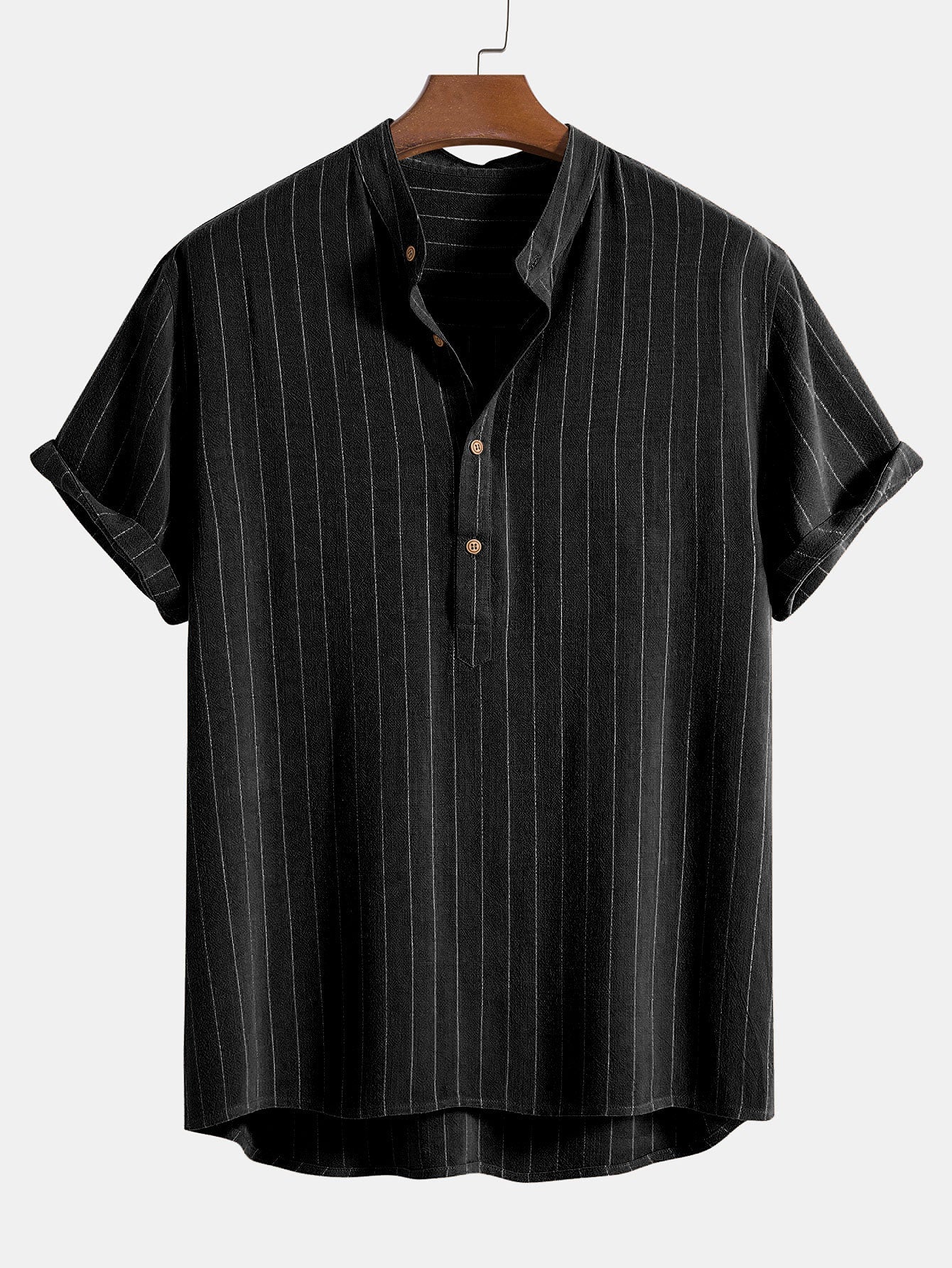 Aryen® | Chemise à col Henley rayée en mélange de lin avec patte de boutonnage semi-ouverte