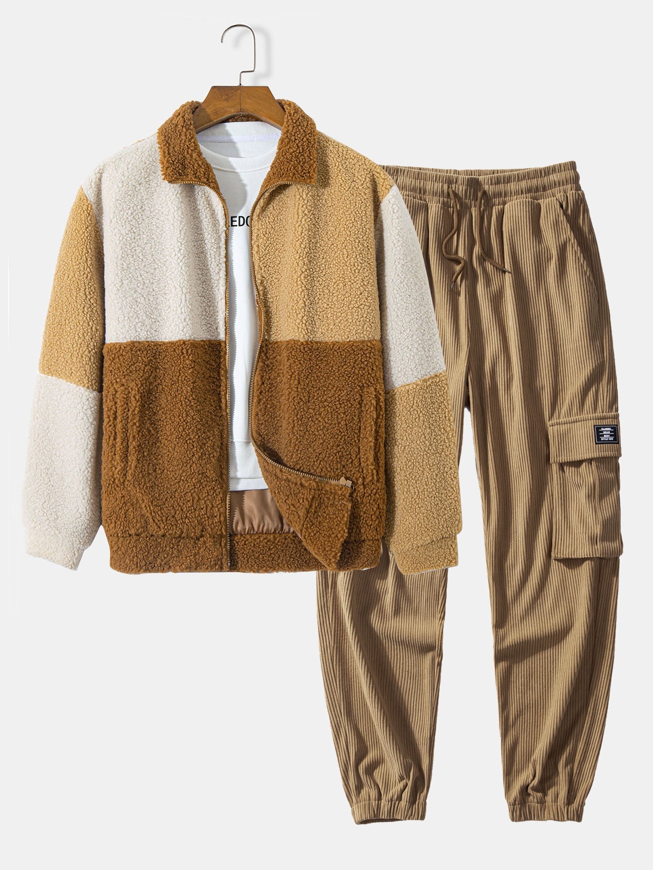 Quinto® | Manteau en polaire Teddy et pantalon de jogging cargo en velours côtelé avec cordon de serrage