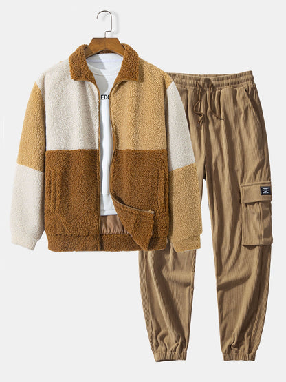 Quinto® | Manteau en polaire Teddy et pantalon de jogging cargo en velours côtelé avec cordon de serrage