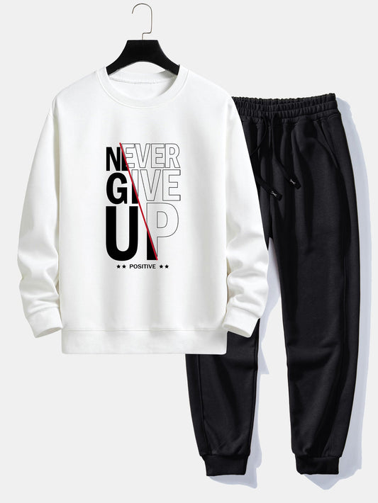 Afram® | Sweat-shirt coupe décontractée imprimé Never Give Up et pantalon de jogging basique