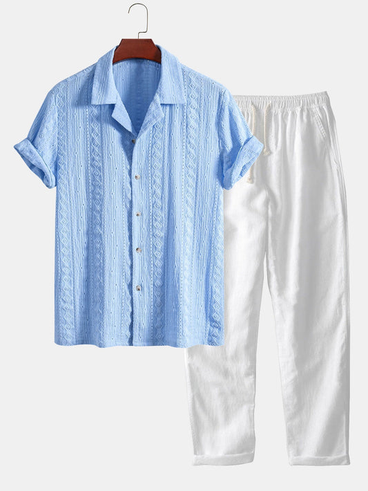 Afan® | Chemise cubaine texturée en jacquard géométrique et pantalon droit en lin