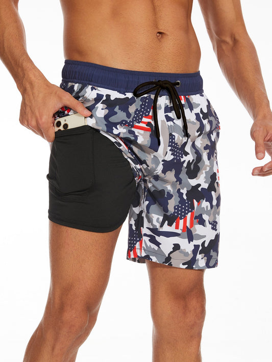 Abran® | Short de bain 2 en 1 camouflage à imprimé drapeau américain