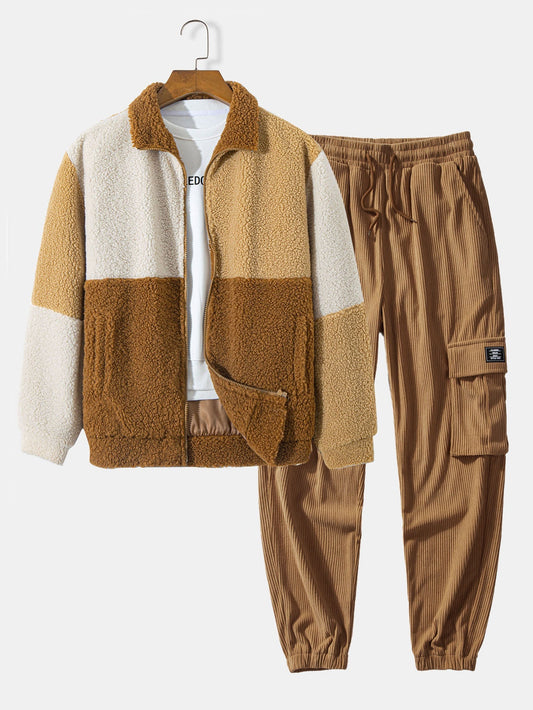 Quinto® | Manteau en polaire Teddy et pantalon de jogging cargo en velours côtelé avec cordon de serrage