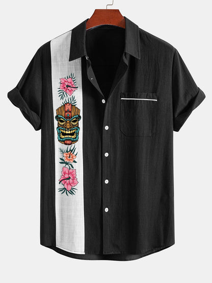 Ivan® | Chemise boutonnée contrastante en lin imprimé Tiki Tribe Hawaii