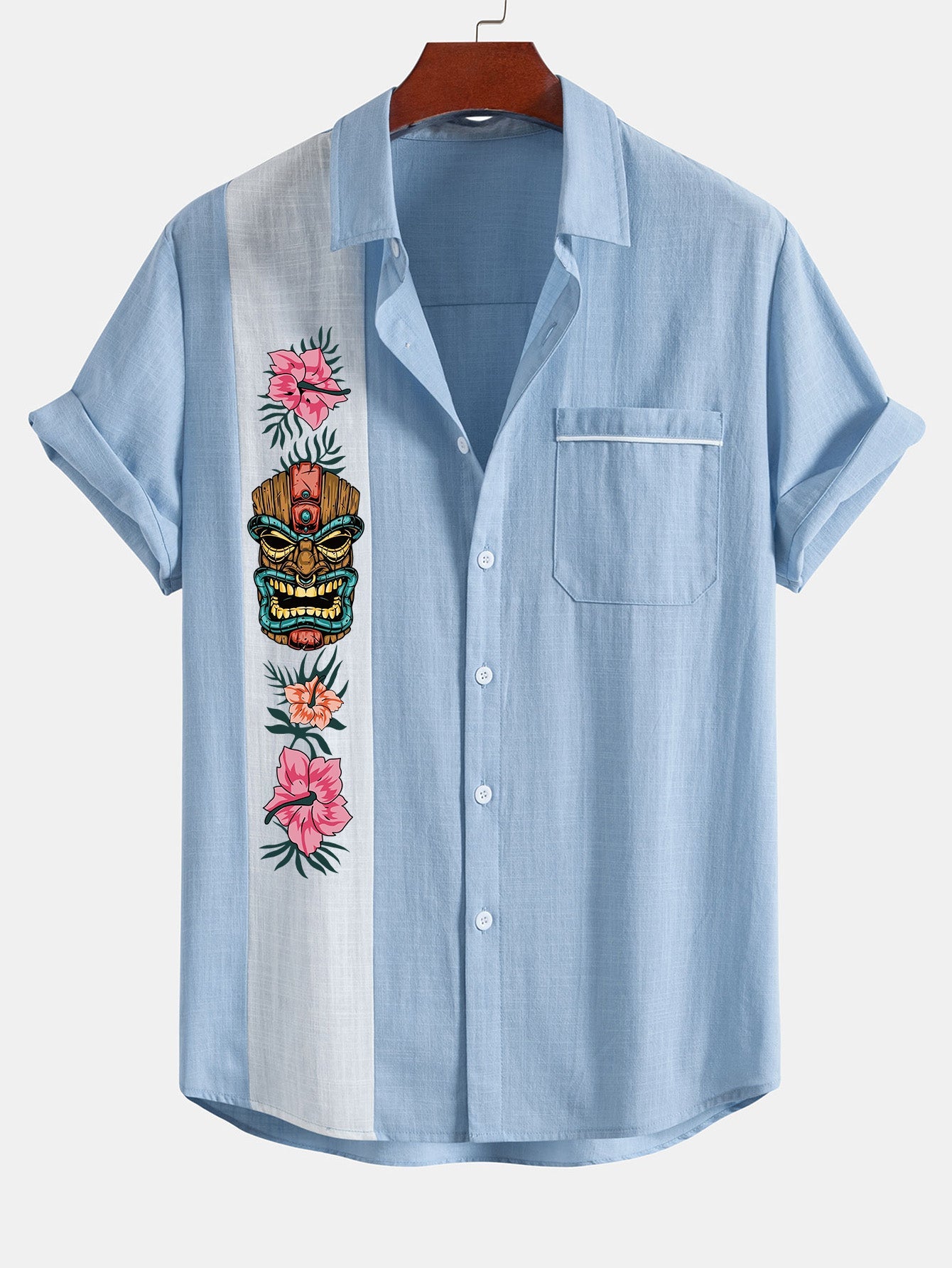 Ivan® | Chemise boutonnée contrastante en lin imprimé Tiki Tribe Hawaii