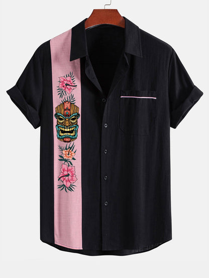 Ivan® | Chemise boutonnée contrastante en lin imprimé Tiki Tribe Hawaii