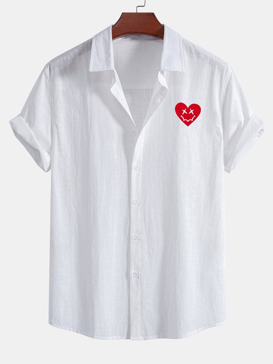 Aslan® | Chemise boutonnée en coton aspect lin imprimé coeur smiley