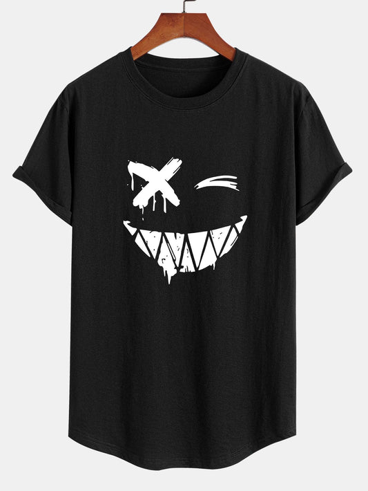 Aaron® | T-shirt en coton à ourlet arqué et imprimé smiley