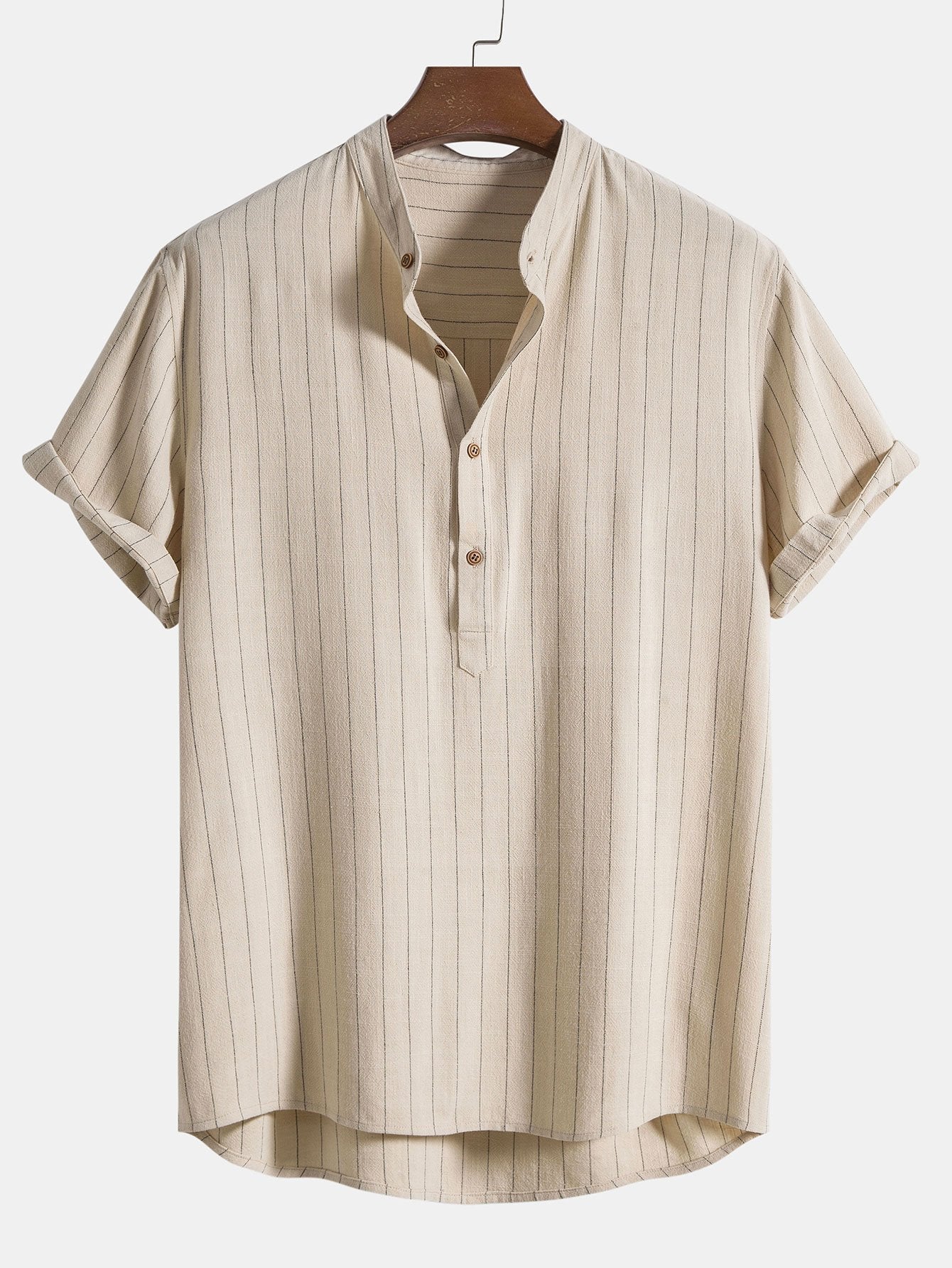 Aryen® | Chemise à col Henley rayée en mélange de lin avec patte de boutonnage semi-ouverte