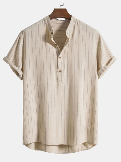 Aryen® | Chemise à col Henley rayée en mélange de lin avec patte de boutonnage semi-ouverte